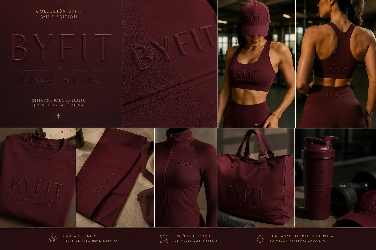 Piezas de la Colección Wine de BYfit: top, legging, gorra, tote y shaker